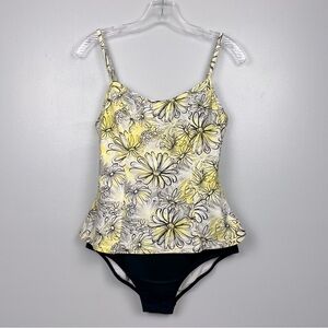 Island Pearls yellow white & black floral  1 piece modest swimsuit, size 10.